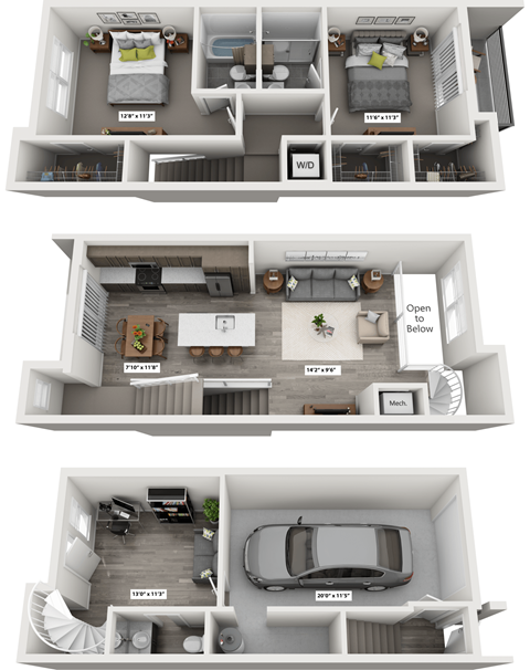 A set of three floor plans for a house with a garage.